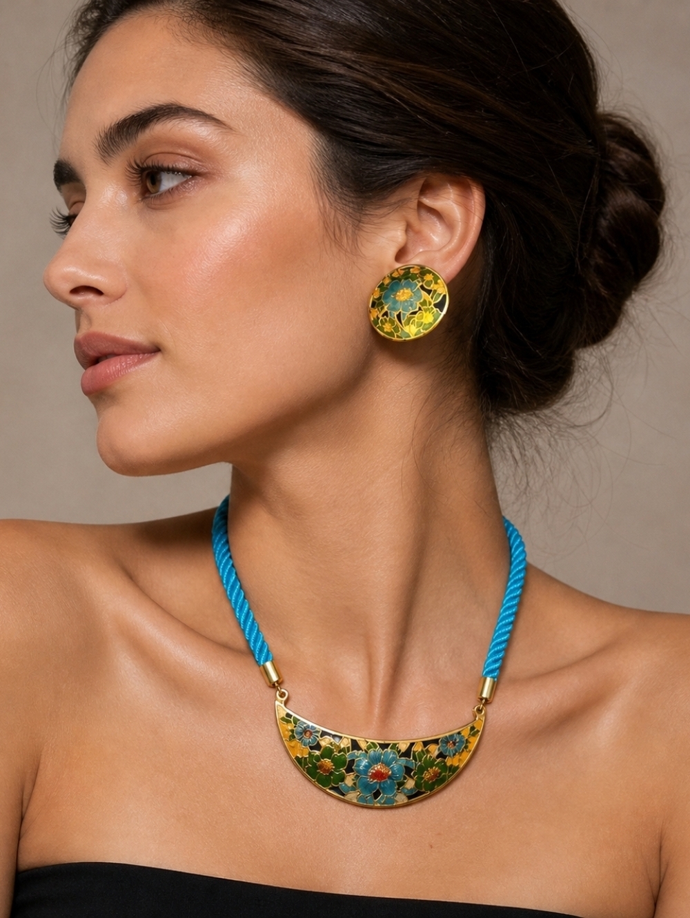 Vtg taiwanese enamel floral cloissine collar necklace stud earrings set